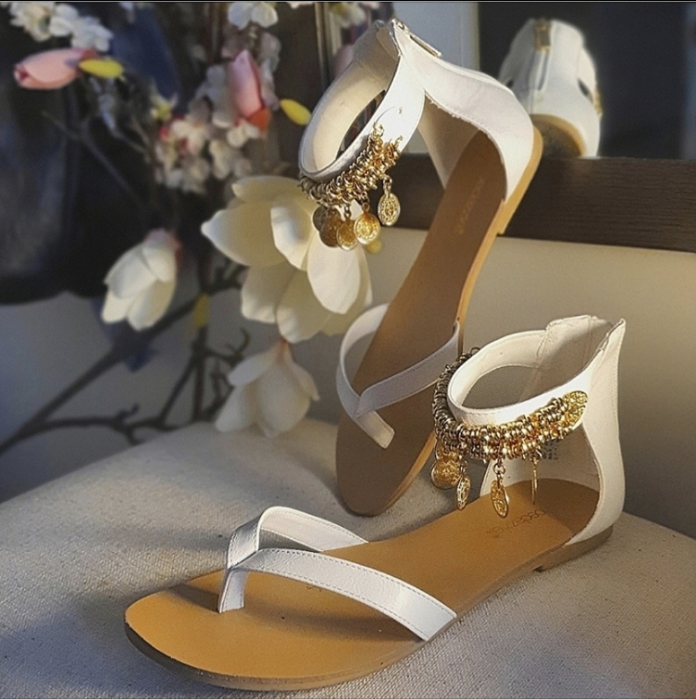 Shoe Dazzle White Ankle Strap Sandal with Gold Coin Charms & Beading